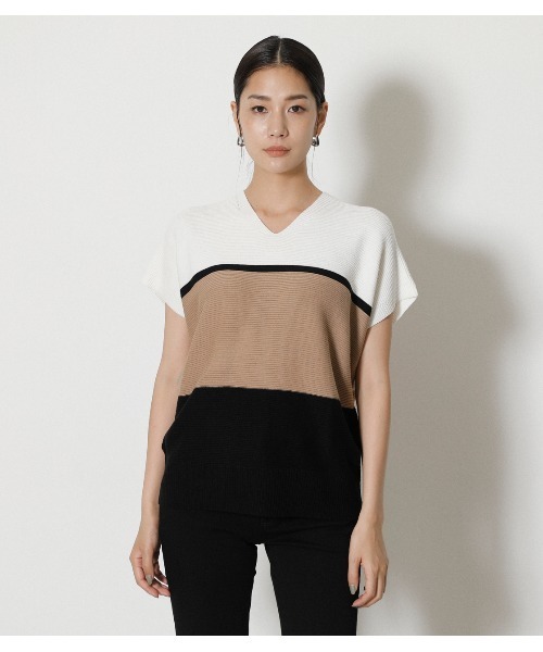 AZUL by moussy（アズールバイマウジー）の「LOOSE PANEL KNIT TOPS/ルーズパネルニットトップス（シャツワンピース・レディース・グリーン/ベージュ系その他/オフホワイト・FREE）」の4枚目の写真