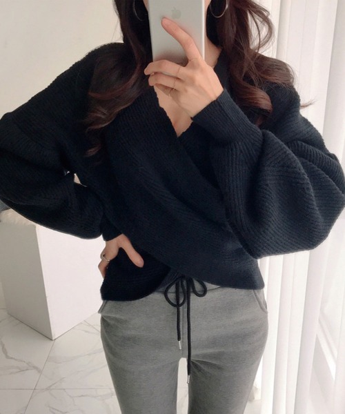 CADBURY（キャドバリー）の「カシュクールデザインニットTOPS（ニット/セーター・レディース・ブラック/ベージュ/グレー/アイボリー・FREE）」の3枚目の写真