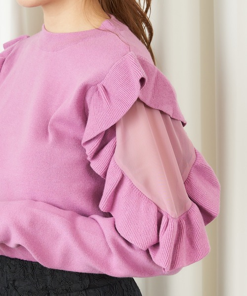 MIIA（ミーア）の「袖ラッフルニット（ニット/セーター・レディース・ブラック/ベージュ/パープル・FREE）」の8枚目の写真