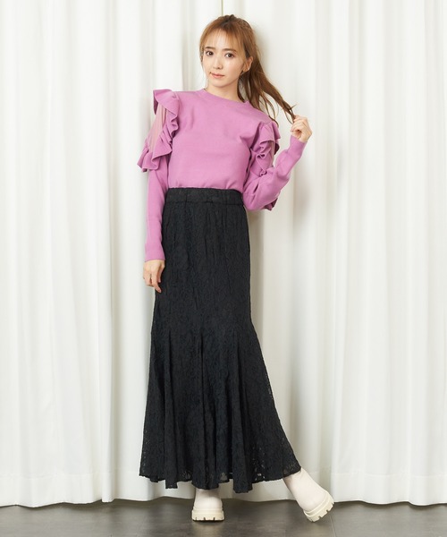 MIIA（ミーア）の「袖ラッフルニット（ニット/セーター・レディース・ブラック/ベージュ/パープル・FREE）」の7枚目の写真