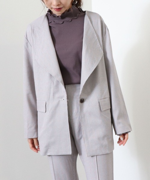 archives（アルシーヴ）の「【setupにも】チェック柄ワンボタンノーカラージャケット（ノーカラージャケット・レディース・グレイッシュベージュ/ブラック/グレー・MEDIUM）」の3枚目の写真