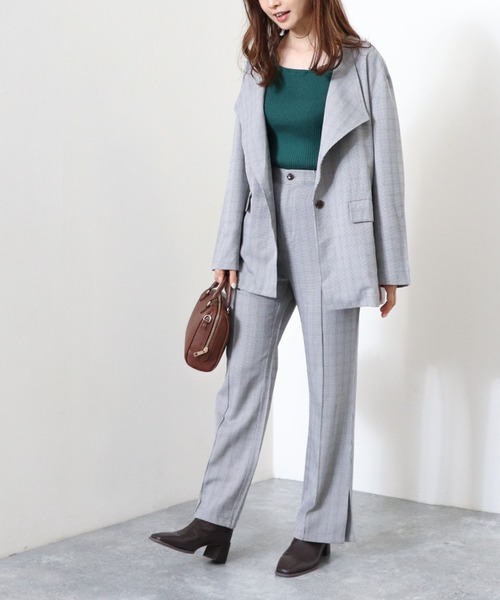 archives（アルシーヴ）の「【setupにも】チェック柄ワンボタンノーカラージャケット（ノーカラージャケット・レディース・グレイッシュベージュ/ブラック/グレー・MEDIUM）」の5枚目の写真