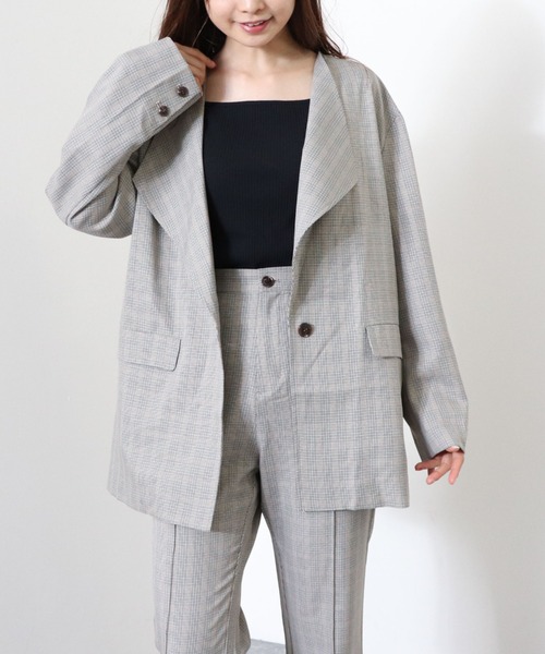archives（アルシーヴ）の「【setupにも】チェック柄ワンボタンノーカラージャケット（ノーカラージャケット・レディース・グレイッシュベージュ/ブラック/グレー・MEDIUM）」の9枚目の写真