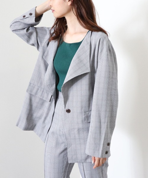 archives（アルシーヴ）の「【setupにも】チェック柄ワンボタンノーカラージャケット（ノーカラージャケット・レディース・グレイッシュベージュ/ブラック/グレー・MEDIUM）」の4枚目の写真