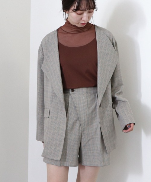 archives（アルシーヴ）の「【setupにも】チェック柄ワンボタンノーカラージャケット（ノーカラージャケット・レディース・グレイッシュベージュ/ブラック/グレー・MEDIUM）」の11枚目の写真