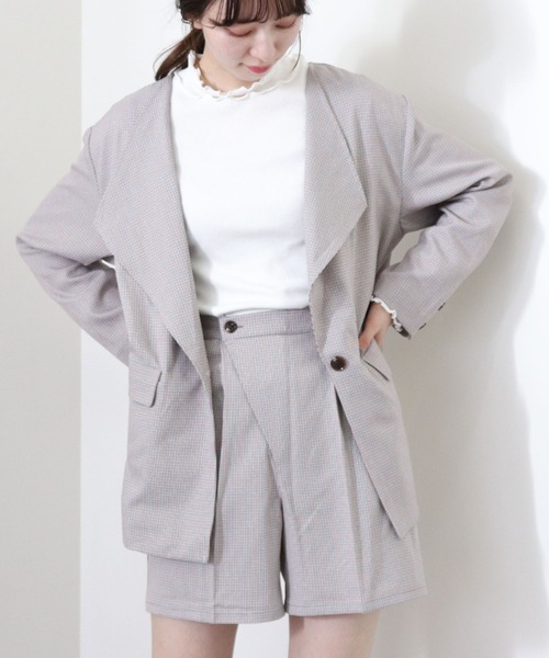 archives（アルシーヴ）の「【setupにも】チェック柄ワンボタンノーカラージャケット（ノーカラージャケット・レディース・グレイッシュベージュ/ブラック/グレー・MEDIUM）」の12枚目の写真