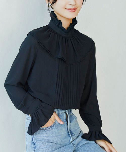 SAISON DE PAPILLON（セゾンドパピヨン）の「スタンドカラーフリルシフォンブラウス（シャツ/ブラウス・レディース・ブラック・XL/S/L/M）」の2枚目の写真