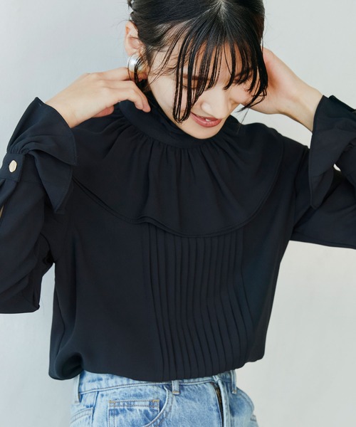 SAISON DE PAPILLON（セゾンドパピヨン）の「スタンドカラーフリルシフォンブラウス（シャツ/ブラウス・レディース・ブラック・XL/S/L/M）」の3枚目の写真