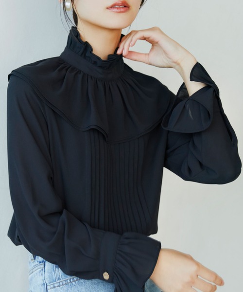 SAISON DE PAPILLON（セゾンドパピヨン）の「スタンドカラーフリルシフォンブラウス（シャツ/ブラウス・レディース・ブラック・XL/S/L/M）」の4枚目の写真
