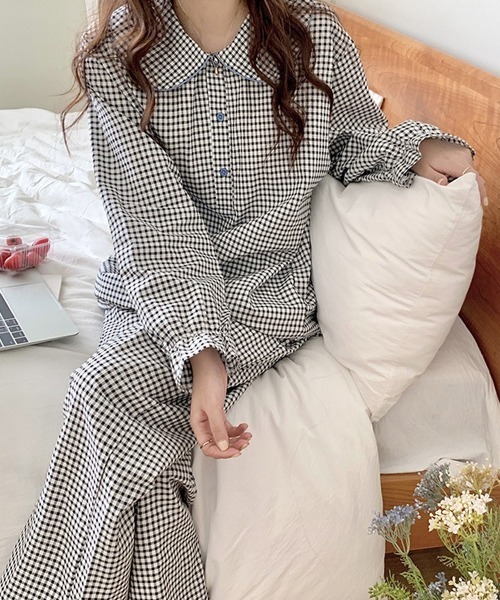 DAY CLOSET(デイ クローゼット)の「レディース 大きな襟のギンガムチェックセットアップルームウェアパジャマ 上下2点セット(ルームウェア/パジャマ・レディース・ネイビー/ミント/イエロー/ブラウン/ブラック・M/XL/L/S)」の8枚目の写真