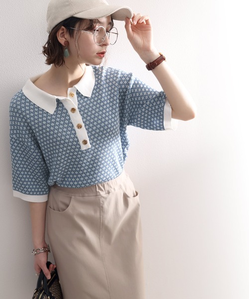 春の愛されTop's。衿付きジャガードニットポロシャツ