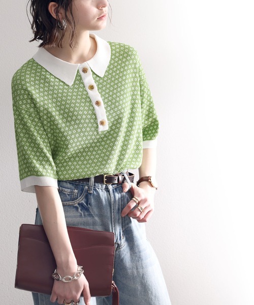 classicalelf（クラシカルエルフ）の「愛されTop's。衿付きジャガードニットポロシャツ（ポロシャツ・レディース・ブラック/ベージュ/パープル/ブルー/グリーン/キャメル・SMALL/MEDIUM/LARGE/X-LARGE）」の10枚目の写真