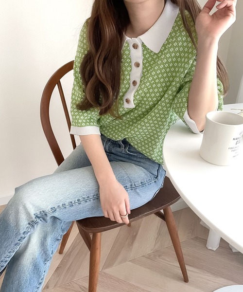 classicalelf（クラシカルエルフ）の「愛されTop's。衿付きジャガードニットポロシャツ（ポロシャツ・レディース・ブラック/ベージュ/パープル/ブルー/グリーン/キャメル・SMALL/MEDIUM/LARGE/X-LARGE）」の9枚目の写真