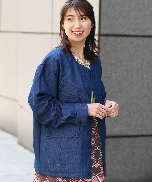 チチカカ（チチカカ）の「【ユニセックス】ノーカラーミリタリージャケット（ノーカラージャケット・メンズ・カーキ/インディゴブルー・MEDIUM/LARGE）」の6枚目の写真