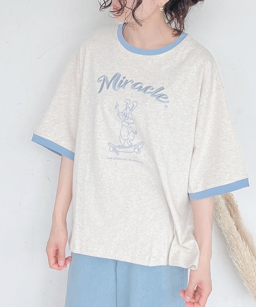 AS KNOW AS plus（アズノゥアズプラス）の「●スケボーラビット刺繍ロゴリンガーTシャツ（Tシャツ/カットソー・レディース・キナリ/チャコールグレー/オートミール/ミント・FREE）」の17枚目の写真