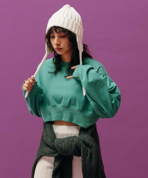 CITEN（シテン）の「＜CITEN＞ソデシャーリング クロップド Tシャツ（Tシャツ/カットソー・レディース・ブラック/オフホワイト/ケリー・FREE）」の6枚目の写真