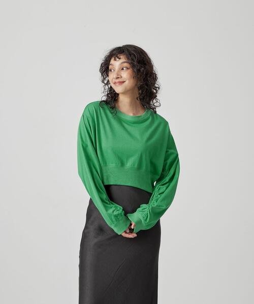 CITEN（シテン）の「＜CITEN＞ソデシャーリング クロップド Tシャツ（Tシャツ/カットソー・レディース・ブラック/オフホワイト/ケリー・FREE）」の19枚目の写真