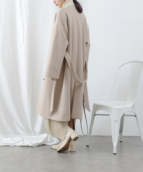⭐︎ミルクティー色の端正なノーカラーコート⭐︎ セール】 【洗える・撥水】マイクロタフタ ノーカラー ロング コート