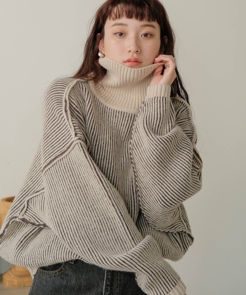 Bab(バブ)の「リバーシブルストライプニット(ニット/セーター・レディース・レッド/グリーン/グレイッシュベージュ/ブラック・FREE)」の7枚目の写真