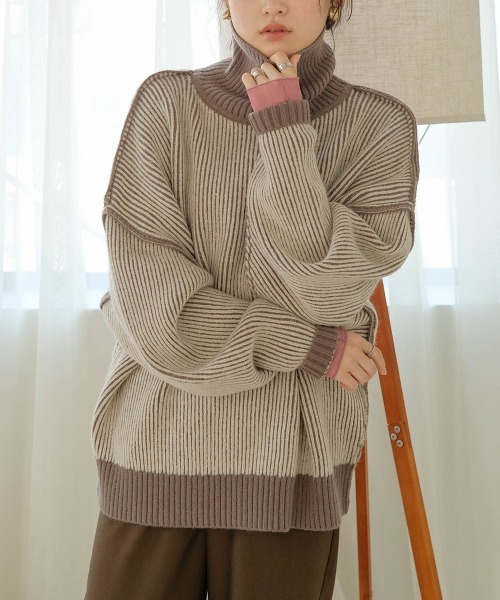 Bab(バブ)の「リバーシブルストライプニット(ニット/セーター・レディース・レッド/グリーン/グレイッシュベージュ/ブラック・FREE)」の14枚目の写真