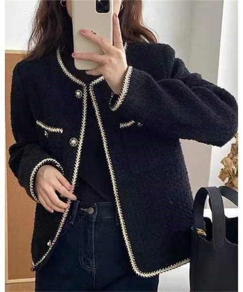Ritzy(リッツィー)の「ノーカラーツィードジャケット(ノーカラージャケット・レディース・ホワイト/ブラック・M/L)」の1枚目の写真