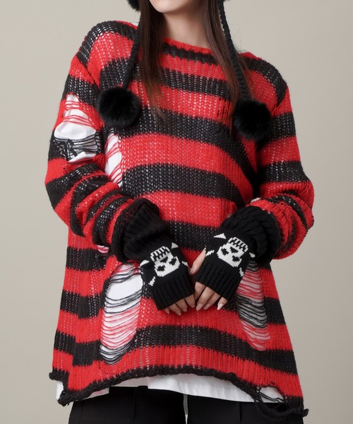 SPINNS（スピンズ）の「ボーダーデザイン ダメージニット（ニット/セーター・レディース・ホワイト/パープル/レッド/グレー・ONESIZE）」の4枚目の写真