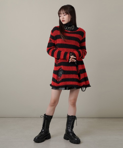 SPINNS（スピンズ）の「ボーダーデザイン ダメージニット（ニット/セーター・レディース・ホワイト/パープル/レッド/グレー・ONESIZE）」の8枚目の写真