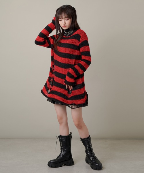 SPINNS（スピンズ）の「ボーダーデザイン ダメージニット（ニット/セーター・レディース・ホワイト/パープル/レッド/グレー・ONESIZE）」の9枚目の写真