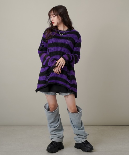 SPINNS（スピンズ）の「ボーダーデザイン ダメージニット（ニット/セーター・レディース・ホワイト/パープル/レッド/グレー・ONESIZE）」の10枚目の写真