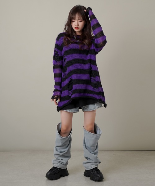 SPINNS（スピンズ）の「ボーダーデザイン ダメージニット（ニット/セーター・レディース・ホワイト/パープル/レッド/グレー・ONESIZE）」の11枚目の写真