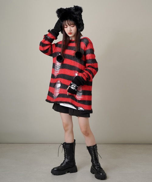 SPINNS（スピンズ）の「ボーダーデザイン ダメージニット（ニット/セーター・レディース・ホワイト/パープル/レッド/グレー・ONESIZE）」の21枚目の写真