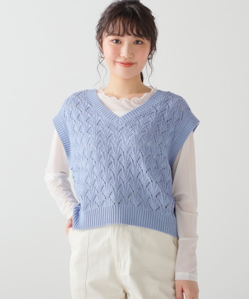 Honeys（ハニーズ）の「透かし編Ｖネックベスト（ベスト・レディース・ブラック/ミント/ブルー/ベージュ/ピンク・S/L/M）」の5枚目の写真