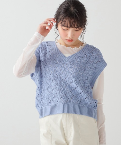 Honeys（ハニーズ）の「透かし編Ｖネックベスト（ベスト・レディース・ブラック/ミント/ブルー/ベージュ/ピンク・S/L/M）」の12枚目の写真