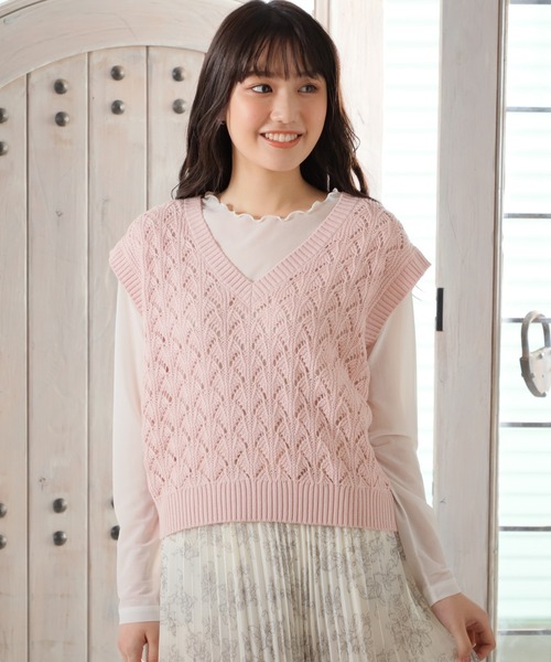 Honeys（ハニーズ）の「透かし編Ｖネックベスト（ベスト・レディース・ブラック/ミント/ブルー/ベージュ/ピンク・S/L/M）」の17枚目の写真