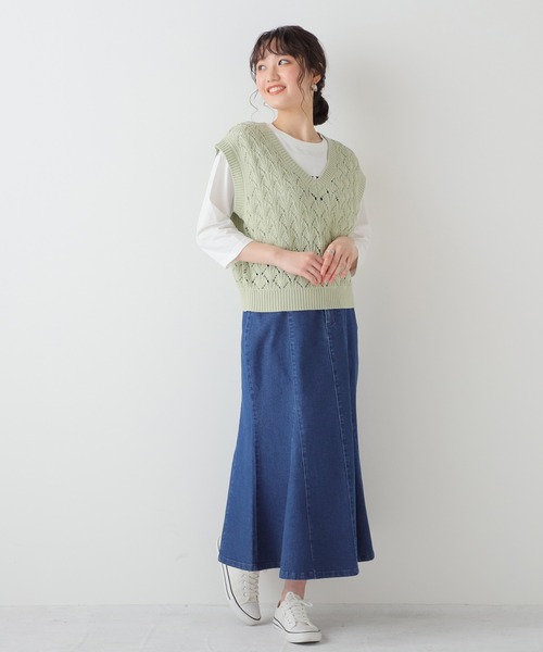 Honeys（ハニーズ）の「透かし編Ｖネックベスト（ベスト・レディース・ブラック/ミント/ブルー/ベージュ/ピンク・S/L/M）」の19枚目の写真