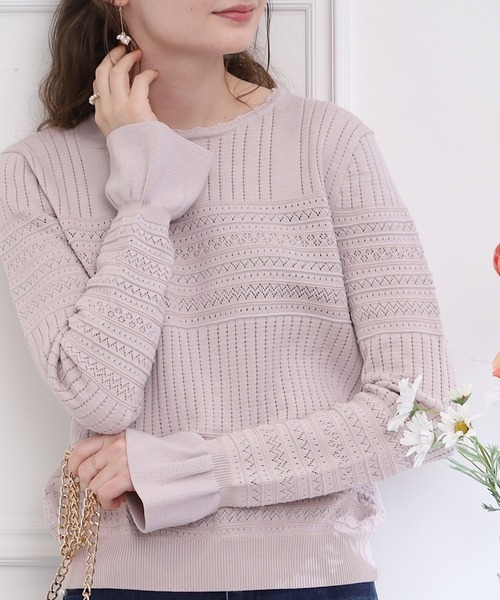 couture brooch(クチュールブローチ)の「◆【ちらっと肌見せで上品フェミニン】透かし編みニット(ニット/セーター・レディース・ブラック/ベビーピンク/アイボリー・38/42)」の3枚目の写真