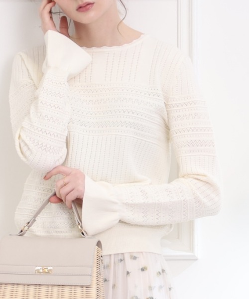 couture brooch(クチュールブローチ)の「◆【ちらっと肌見せで上品フェミニン】透かし編みニット(ニット/セーター・レディース・ブラック/ベビーピンク/アイボリー・38/42)」の1枚目の写真