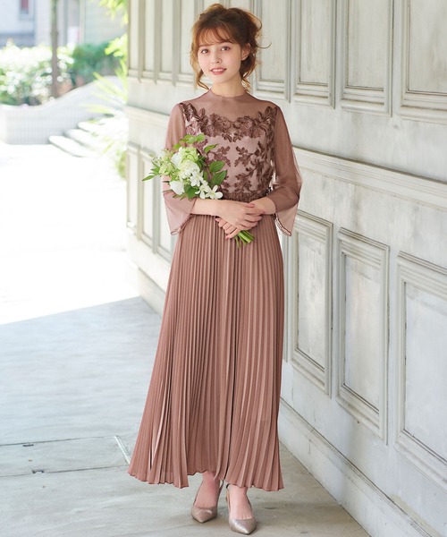 限定価格！GIRL ガール 2Ｌ 刺繍レース プリーツロングドレス 結婚式 結婚式・お呼ばれ対応 |刺繍レースプリーツ結婚式ワンピース