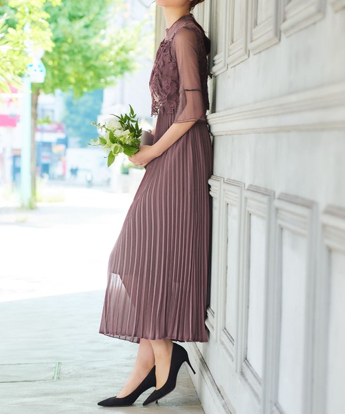 タグ付き新品　刺繍レースラメチュールプリーツロング丈 結婚式 ワンピース ドレス girl（ガール）の「刺繍レース×ラメチュールプリーツロング丈