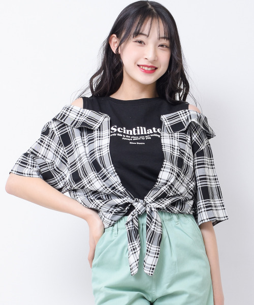RiCO SUCRE(リコシュクレ)の「シャツフェイクレイヤード肩あきTシャツ(Tシャツ/カットソー・キッズ・レッド/イエロー/ブラック・130/140/150/165/160)」の1枚目の写真