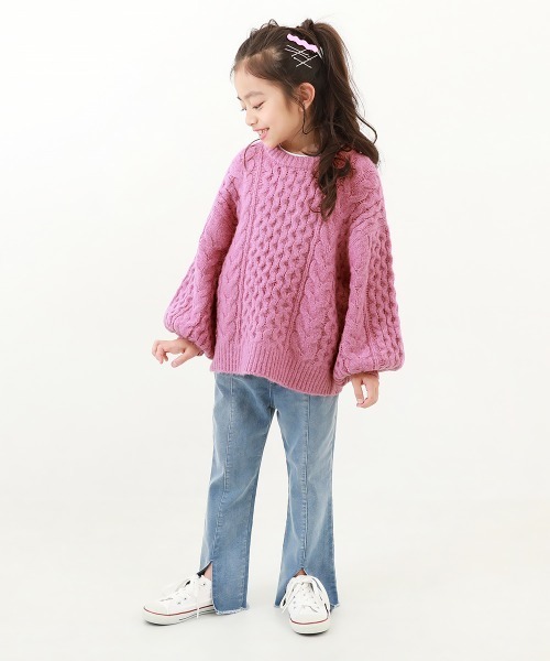 devirock（デビロック）の「洗える ビッグシルエット　ケーブル編み やわらかニットプルオーバー（ニット/セーター・キッズ・オレンジ系2/オフホワイト/バイオレット/グリーン系6/ピンク・M/XS/S/L）」の7枚目の写真