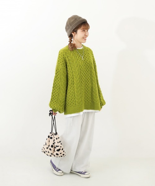 devirock（デビロック）の「洗える ビッグシルエット　ケーブル編み やわらかニットプルオーバー（ニット/セーター・キッズ・オレンジ系2/オフホワイト/バイオレット/グリーン系6/ピンク・M/XS/S/L）」の14枚目の写真