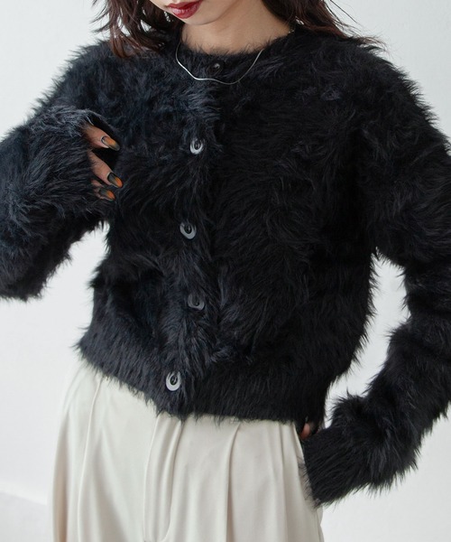 Chillfar（チルファー）の「シャギーニットカーデ（カーディガン/ボレロ・レディース・チャコール/アイボリー/イエロー/グレー/ピンク/ネイビー/ブラック・FREE）」の3枚目の写真