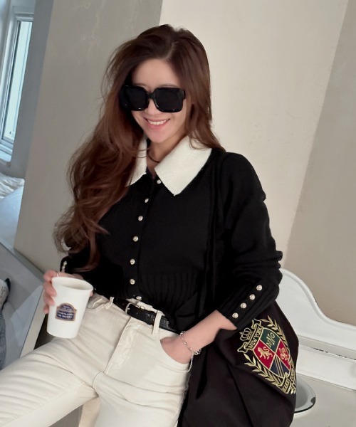 NANING9（ナンニング）の「NANING9 カラー配色ニットカーディガン（カーディガン/ボレロ・レディース・ブラック/グレー・FREE）」の11枚目の写真