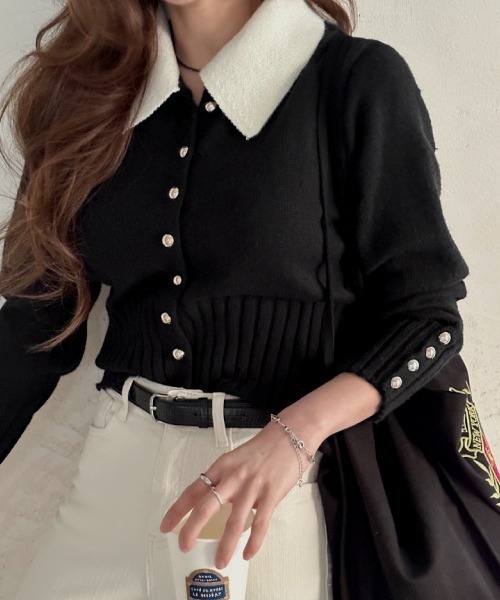 NANING9（ナンニング）の「NANING9 カラー配色ニットカーディガン（カーディガン/ボレロ・レディース・ブラック/グレー・FREE）」の4枚目の写真