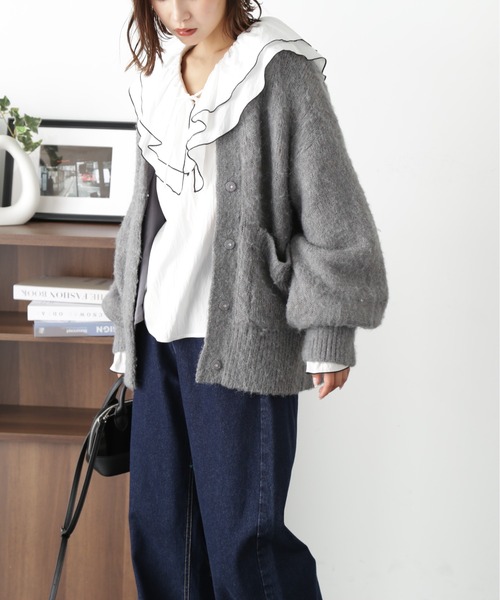 FREE'S MART(フリーズマート)の「ミックス起毛裏付きニットジャケット(ニット/セーター・レディース・グレー/ベージュ/グリーン・FREE)」の6枚目の写真