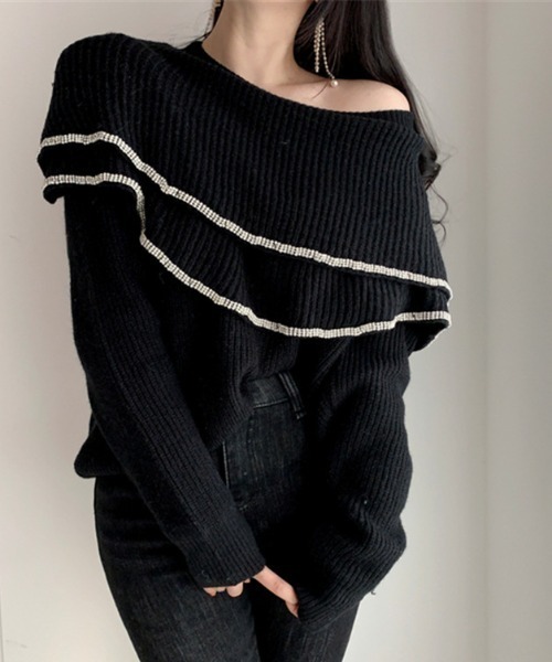 【セール】ティアードオフショルリブBIGニットプルオーバー（ニット/セーター）｜deux amour（ドゥーザムール）