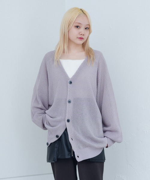 WHIMSIC（ウィムジック）の「【UNISEX/新色追加】ミックスヤーンワッフルニットカーディガン（カーディガン/ボレロ・メンズ・パープル/ライトグレー/イエロー/ブルー/ミント/ピンク・FREE）」の4枚目の写真