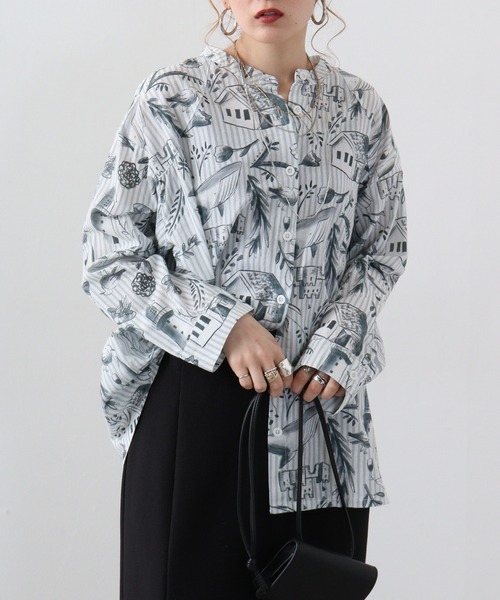 夏の海水彩総柄シャツ emago レディース トップス 長袖 薄手 大人の 北欧 ストライプ かわいい EMAGO 夏の海水彩総柄シャツ（シャツ/ブラウス）｜Emago（イマゴ