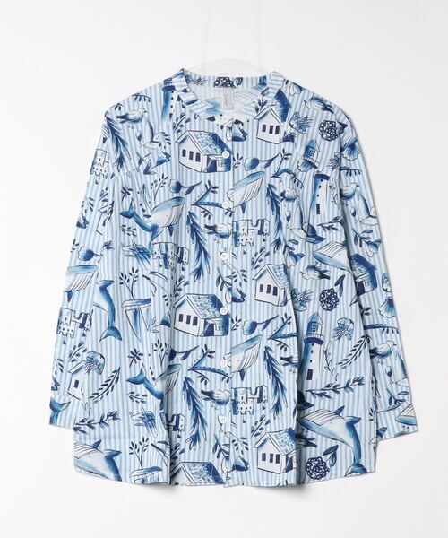夏の海水彩総柄シャツ emago レディース トップス 長袖 薄手 大人の 北欧 ストライプ かわいい EMAGO 夏の海水彩総柄シャツ（シャツ/ブラウス）｜Emago（イマゴ